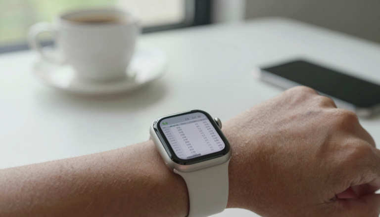 Apple Watch on a wrist showing an Excel spreadsheet with rows and columns