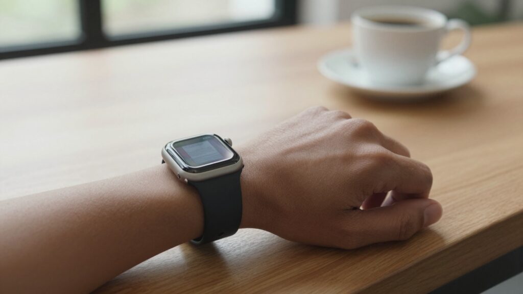 Apple Watch on a wrist showing a photo document with WristFile