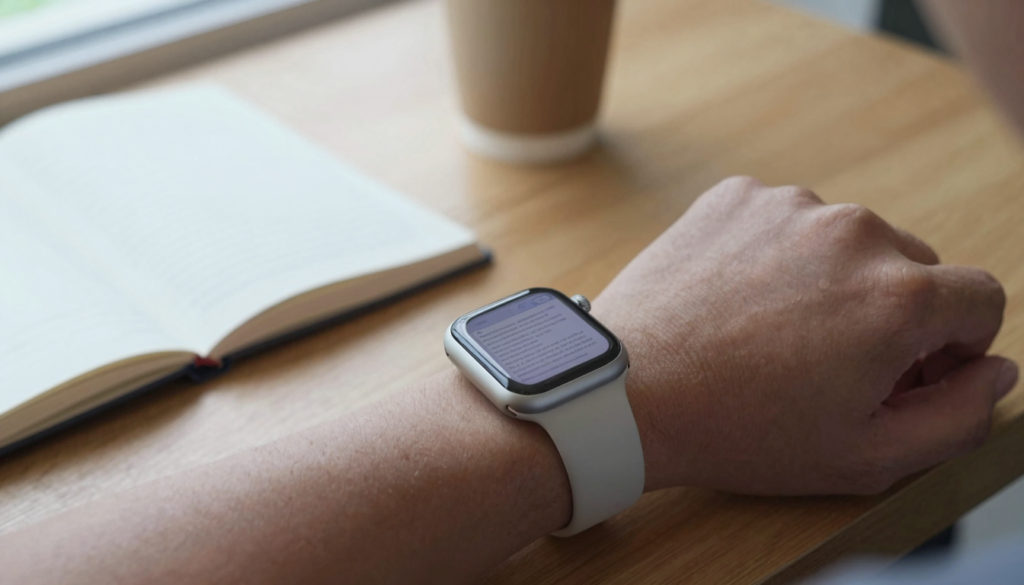 Apple Watch on a wrist showing a large multi-page PDF document