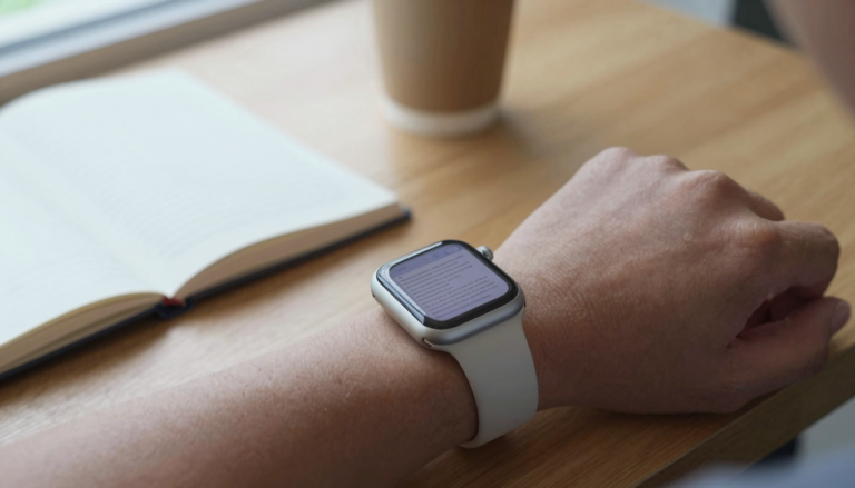 Apple Watch on a wrist showing a large multi-page PDF document