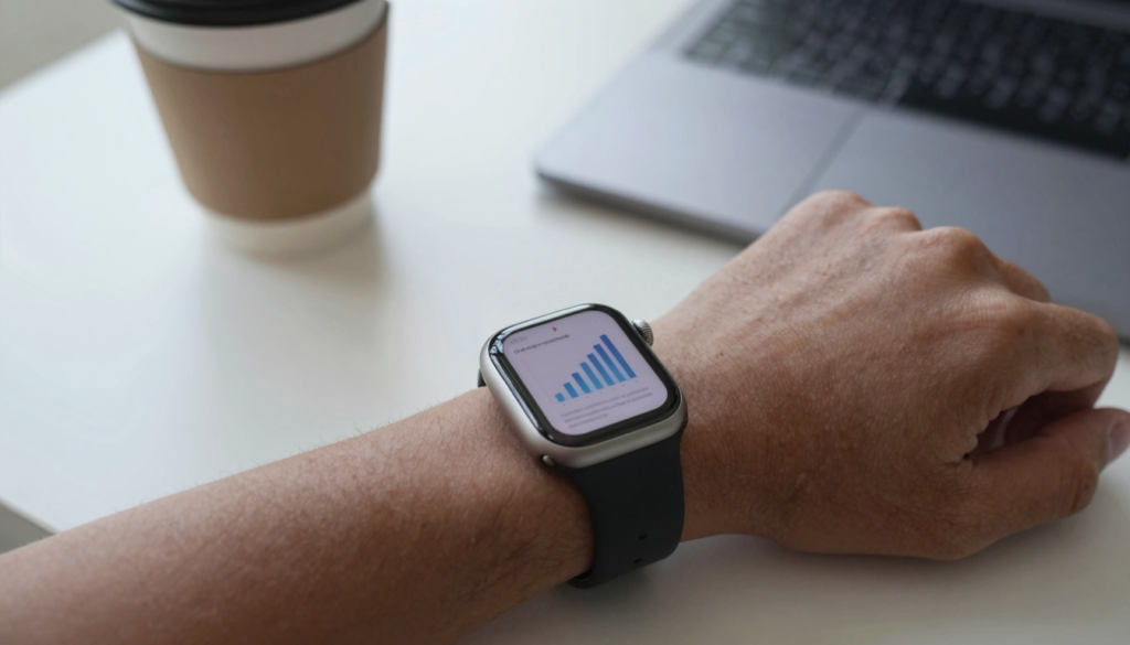 Apple Watch on a wrist showing a presentation slide converted to PDF in WristFile