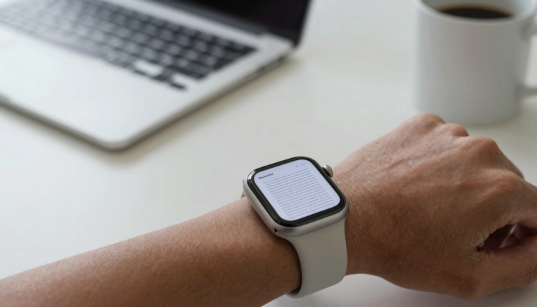 Apple Watch on a wrist displaying a Word DOCX document page