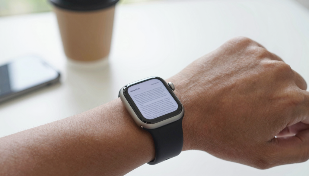 Apple Watch on a wrist showing a PDF document in watchOS 26